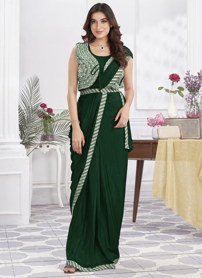 Shimmer Georgette Green Party Wear Embroidery Work Ready To Wear Saree